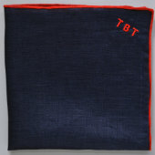 Red Monogrammed Navy Linen Pocket Square (Folded)