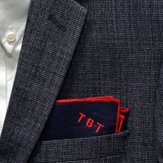 Red Monogrammed Navy Linen Pocket Square (In Pocket)