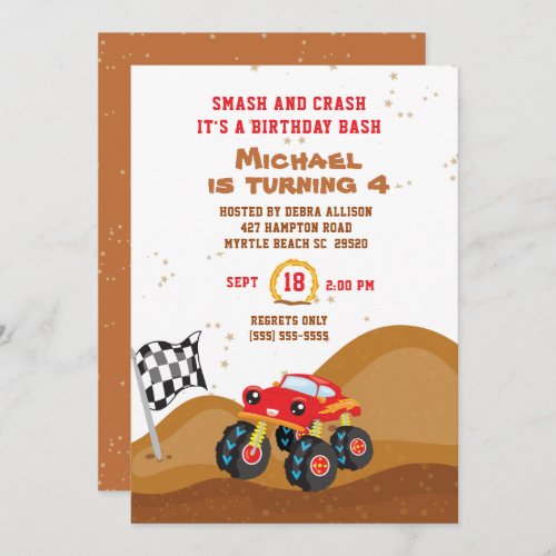 Red Monster Truck 4th  Birthday Racing  Invitation
