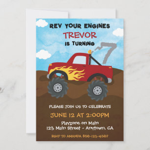 Red Monster Truck 7th Birthday Party Invitation