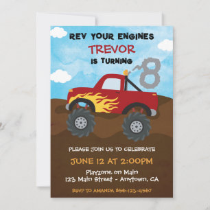 Red Monster Truck 8th Birthday Party Invitation