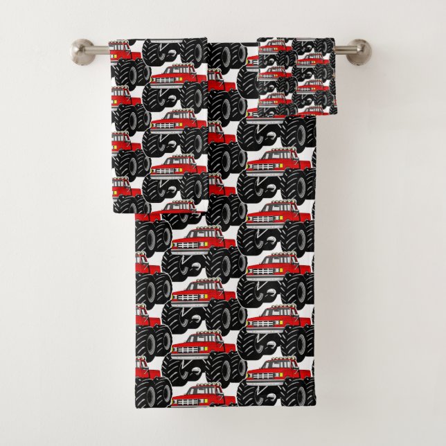 Red Monster Truck Bath Towel Set (Insitu)