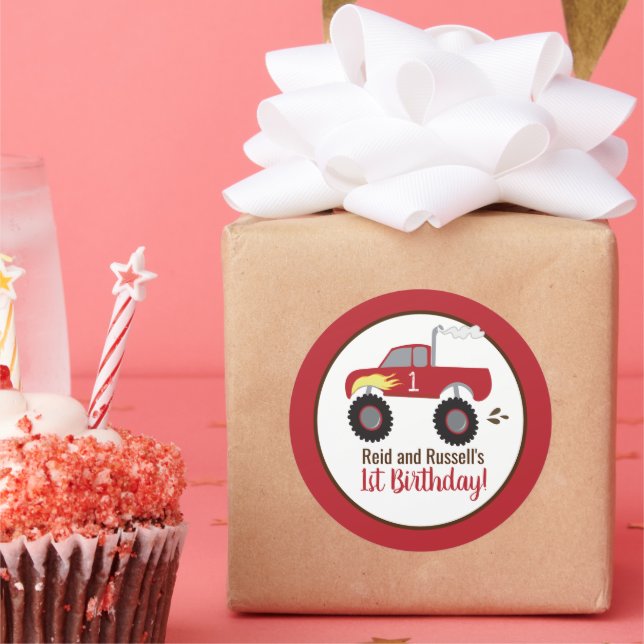 Red Monster Truck Birthday Favor  Classic Round Sticker (Party)