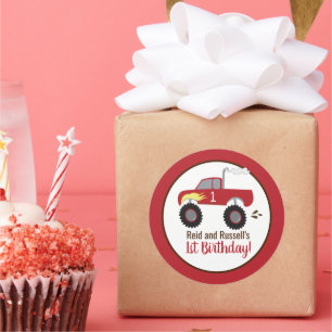 Red Monster Truck Birthday Favor Classic Round Sticker