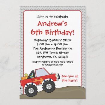 Red Monster Truck Birthday Invitations by WhimsicalPrintStudio at Zazzle