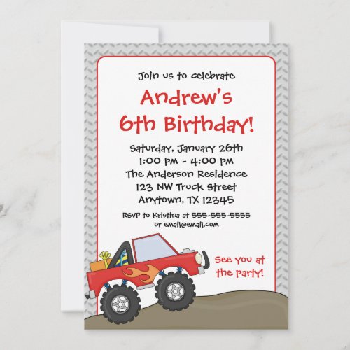 Red Monster Truck Birthday Invitations