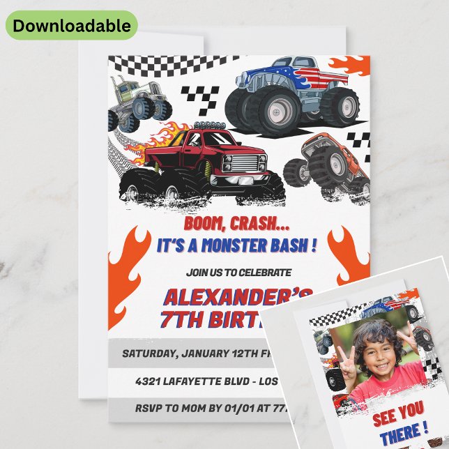 Red Monster Truck Birthday Invite White & Red Card (Creator Uploaded)