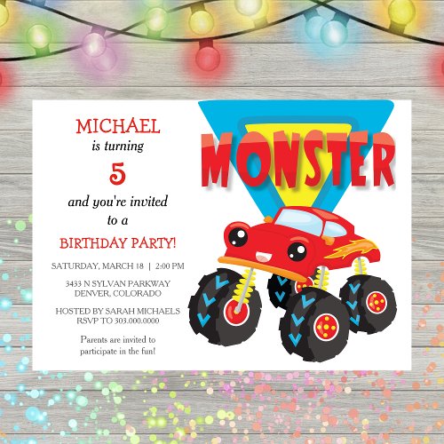 Red Monster Truck Birthday Party Invitation