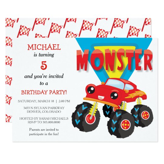 Red Monster Truck Birthday Party Invitation Zazzle Com