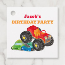 Red Monster Truck Birthday Party Watercolor Favor Tags
