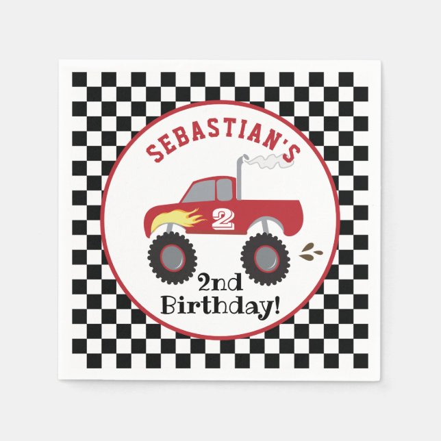 Red Monster Truck Birthday Racing Trucks Boys Napkins (Front)