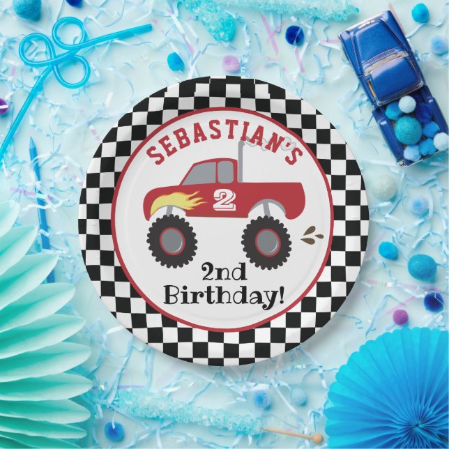Red Monster Truck Birthday Racing Trucks Boys Paper Plates (Party)