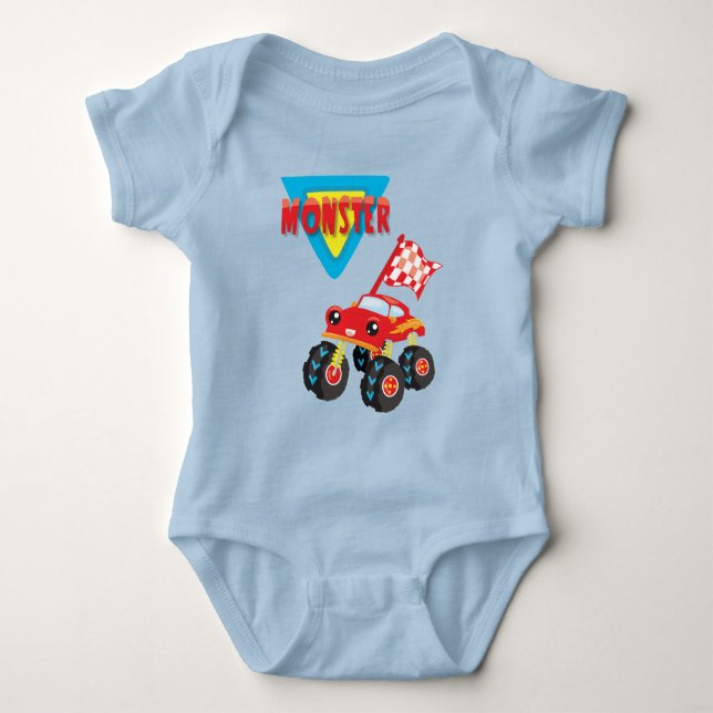 Red Monster Truck Boy Baby Bodysuit (Front)
