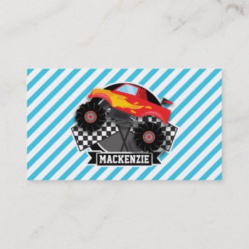 Red Monster Truck; Checkered Flag; Blue Stripes Business Card by Birthday_Party_House at Zazzle