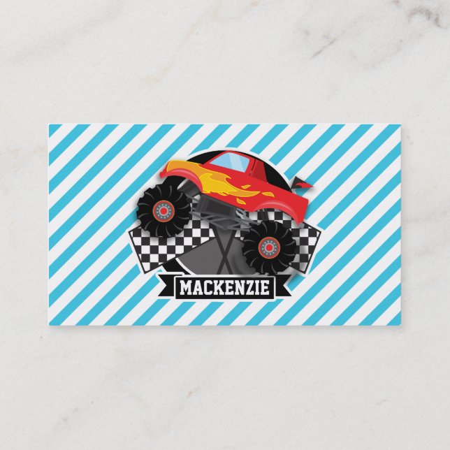 Red Monster Truck; Checkered Flag; Blue Stripes Business Card (Back)