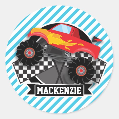 Red Monster Truck Checkered Flag Blue Stripes Classic Round Sticker