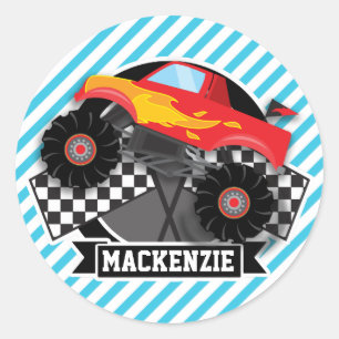 Red Monster Truck; Checkered Flag; Blue Stripes Classic Round Sticker