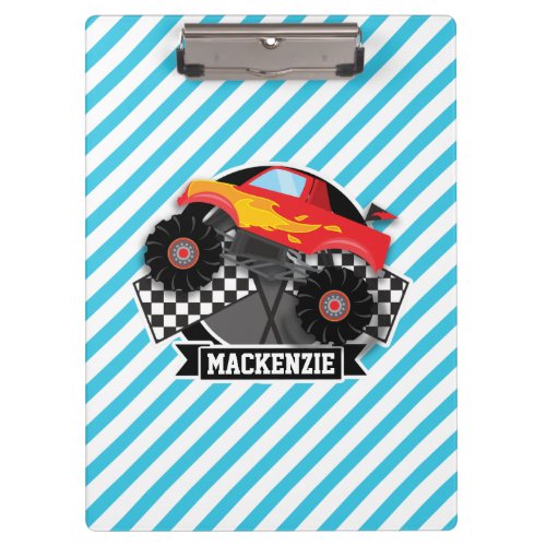 Red Monster Truck Checkered Flag Blue Stripes Clipboard