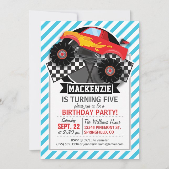 Red Monster Truck; Checkered Flag; Blue Stripes Invitation (Front)