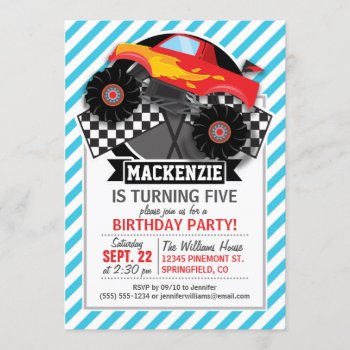 Red Monster Truck; Checkered Flag; Blue Stripes Invitation by Birthday_Party_House at Zazzle
