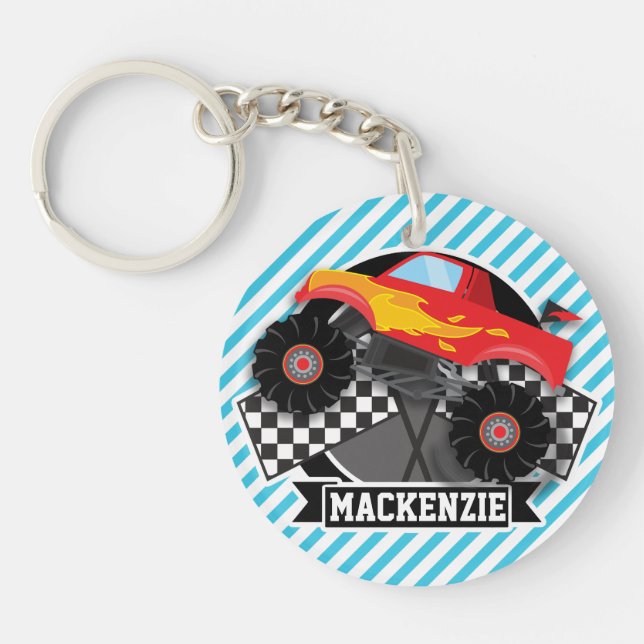 Red Monster Truck; Checkered Flag; Blue Stripes Keychain (Front)