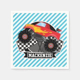 Red Monster Truck; Checkered Flag; Blue Stripes Napkins