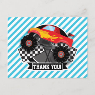 Red Monster Truck; Checkered Flag; Blue Stripes Postcard