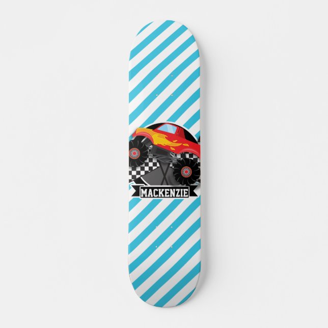 Red Monster Truck; Checkered Flag; Blue Stripes Skateboard Deck (Front)