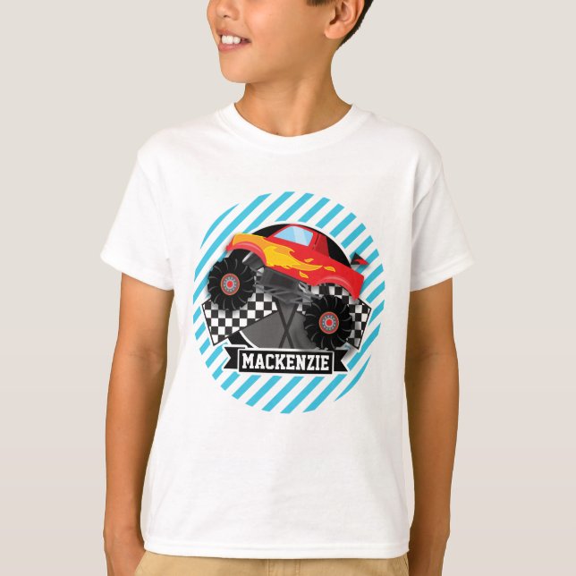 Red Monster Truck; Checkered Flag; Blue Stripes T-Shirt (Front)