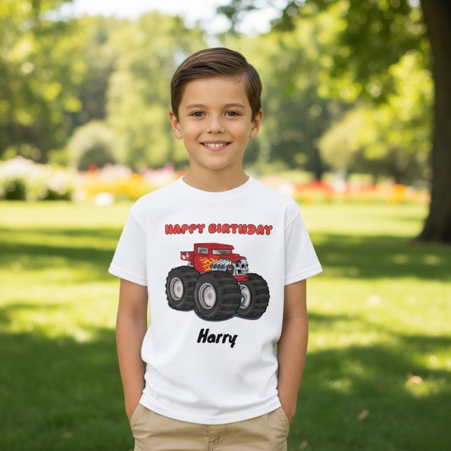 Red Monster Truck Custom Happy Birthday Name T-Shirt (Creator Uploaded)