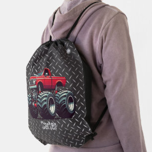 Red monster truck drawstring bag