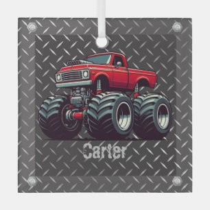 Red monster truck glass ornament