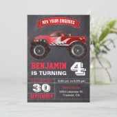 Red Monster Truck Kids Birthday Party Invitation (Standing Front)