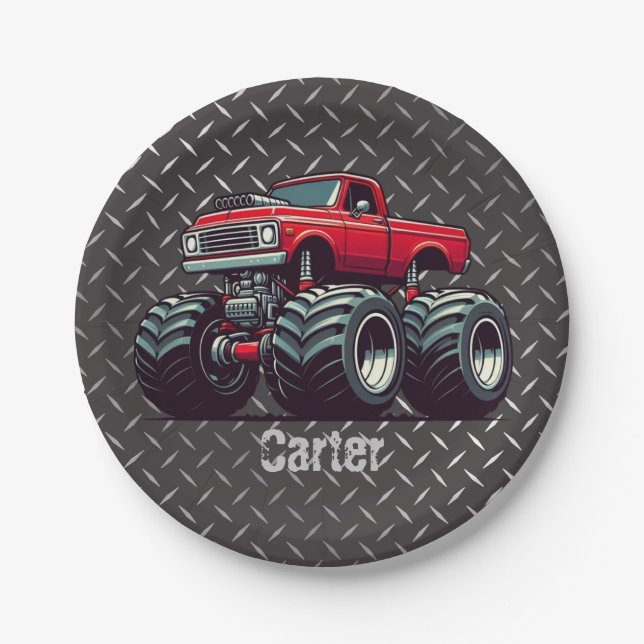 Red monster truck  paper plates (Front)