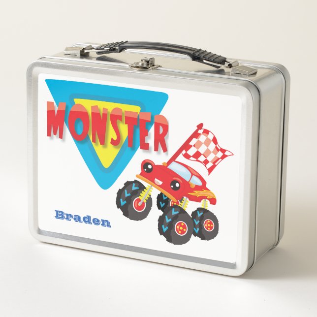 Red Monster Truck Personalized Kids Metal Lunch Box (Front)
