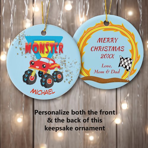 Red Monster Truck Racing Ceramic Ornament