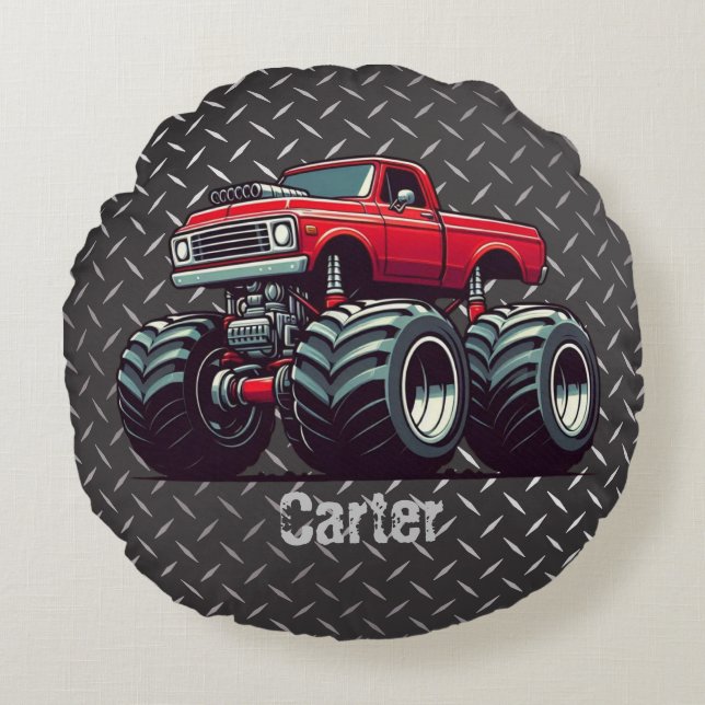 Red monster truck  round pillow (Front)