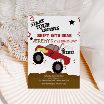 Red Monster Truck Start Your Engines Birthday Invitation by allpetscherished at Zazzle