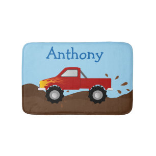 Red Monster Truck With Flames Bathroom Mat