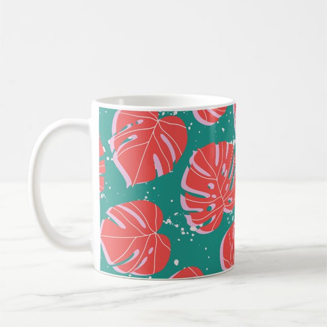 Red monstera: green tropical pattern coffee mug (Left)