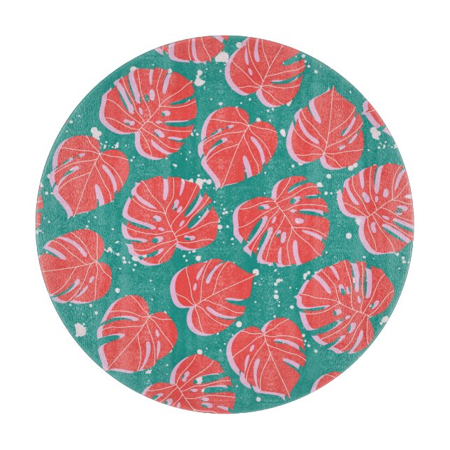 Red monstera: green tropical pattern cutting board (Front)