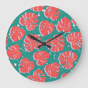 Red monstera: green tropical pattern large clock