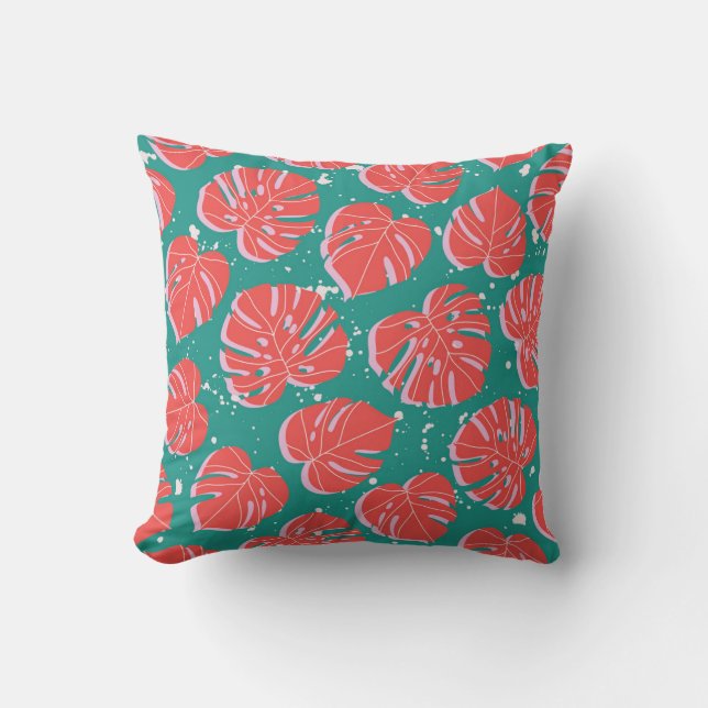 Red monstera: green tropical pattern throw pillow (Front)