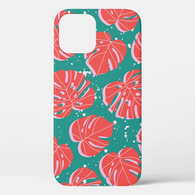 Red monstera leaves on green seamless pattern. Tre Case-Mate iPhone Case (Back)