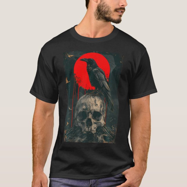 Red Moon Black Gothic Raven Skull Graphic Black Cr T-Shirt (Front)