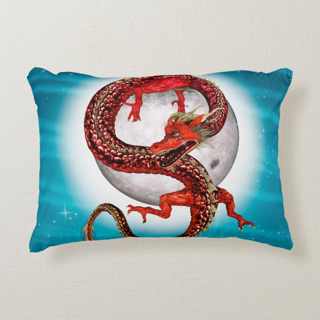 Red Moon Dragon Celestial Fantasy Art Accent Pillow (Front)