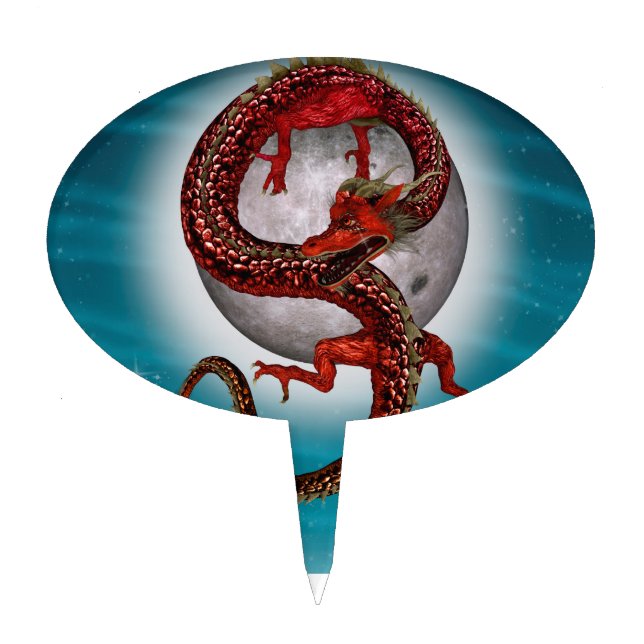 Red Moon Dragon Celestial Fantasy Art Cake Topper (Front)