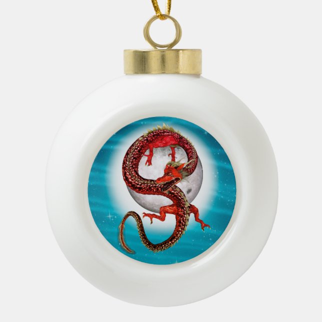 Red Moon Dragon Celestial Fantasy Art Ceramic Ball Christmas Ornament (Front)