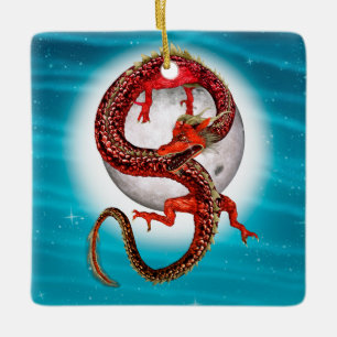 Red Moon Dragon Celestial Fantasy Art Ceramic Ornament