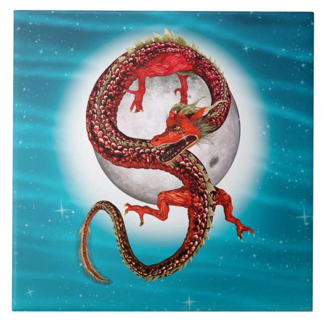 Red Moon Dragon Celestial Fantasy Art Ceramic Tile (Front)